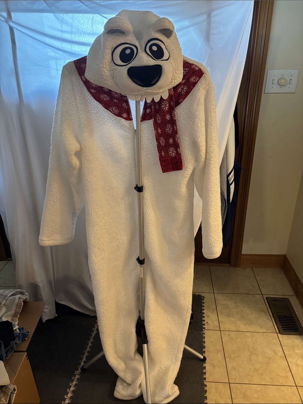 Briefly Stated White Polar Bear One-Piece with Red Scarf costume adults. - Picture 2 of 3